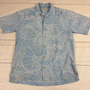 Tommy Bahama Hawaiian Shirt Mens Small Silk Blue Paisley Tropical Print Casual